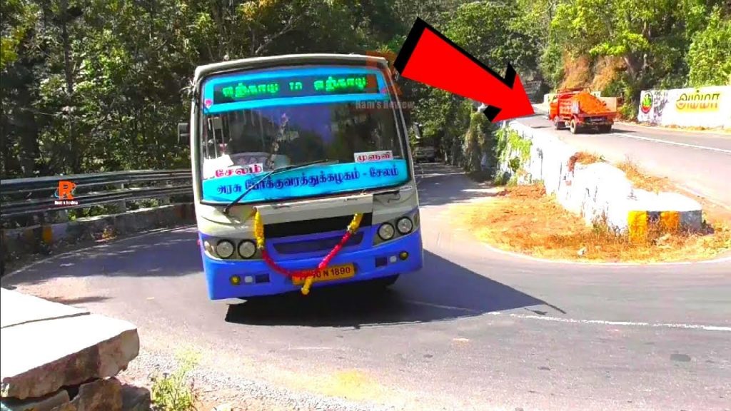 Three Private Lorry's and TNSTC Bus and Bike Turning Hairpin Bend in Kolli Hills Road Namakkal